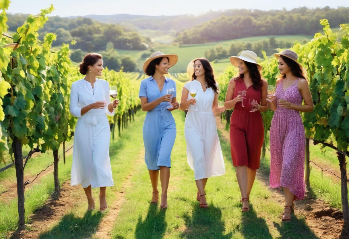 An elegant vineyard scene featuring diverse women gracefully pouring wine and tasting in lush green fields, surrounded by grapevines and flowers. Include elements of sustainability like solar panels and organic farming practices subtly integrated into the landscape. Emphasize a warm, inviting atmosphere with sunlight filtering through the leaves. The women should be dressed in stylish but casual attire, showcasing unity and joy. watercolor painting. vibrant colors.