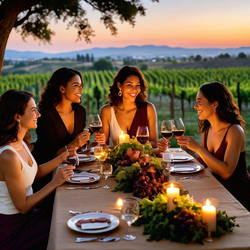 A cozy, elegantly set table adorned with various wine glasses and gourmet dishes, showcasing a diverse group of women laughing and enjoying a wine tasting event. Soft candlelight illuminates the scene, highlighting the rich colors of the wine and food pairings. The backdrop features a vineyard landscape, symbolizing the connection between women and the world of wine. A few wine bottles and tasting notes are placed artfully on the table. super-realistic. warm tones. vibrant colors. soft focus.