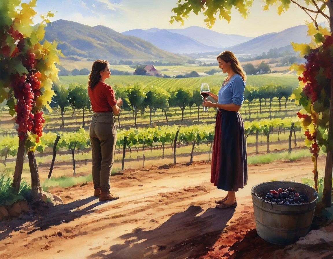 A picturesque vineyard with women carefully tending to grapevines, showcasing sustainable practices like composting and drip irrigation. In the background, a rustic wine glass filled with a vibrant red wine reflects the sunlight, symbolizing the journey from vineyard to glass. The scene captures the essence of empowerment and nature’s bounty. watercolor painting. soft earth tones. upbeat atmosphere.